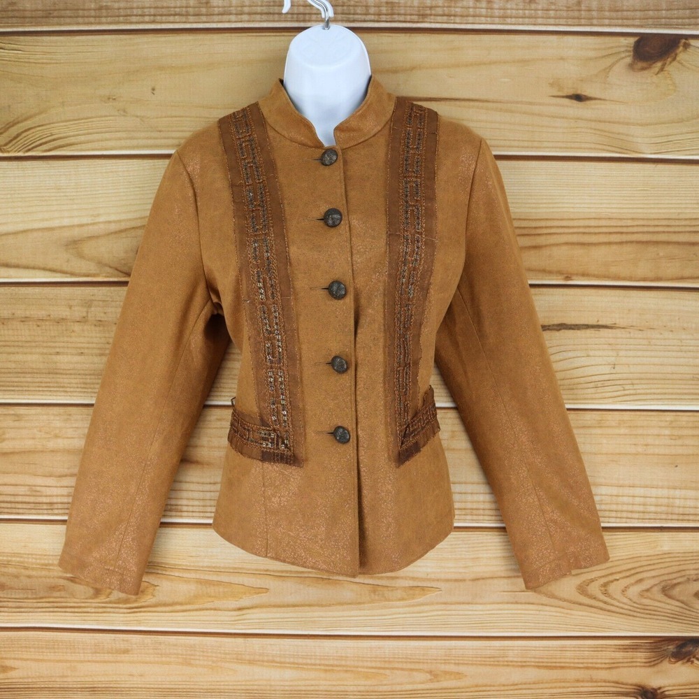 Very Vera Blazer Jacket Womens Sz L Brown 100% Polyester Sequins 5 Buttons Lined